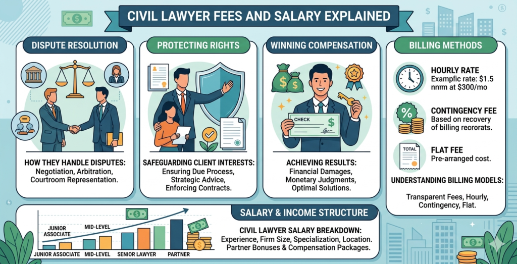 Civil Lawyer Fees and Salary Explained: How They Handle Disputes, Protect Your Rights, Win Compensation, and Understand Billing Methods and Income Structure in Civil Cases